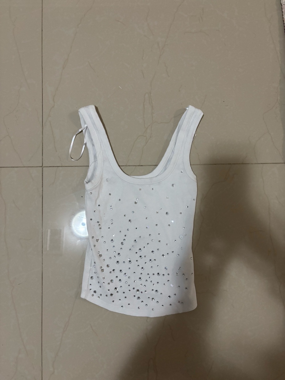 Zara White Ribbed Rhinestone Tank